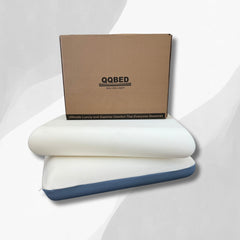QQbed Essentials Memory Foam Bed Pillow for Pressure Relief, Adaptive Memory Foam Pillow with Washable Knit Cover, Standard, 24 x 16 in x 5.5 in, White / Blue